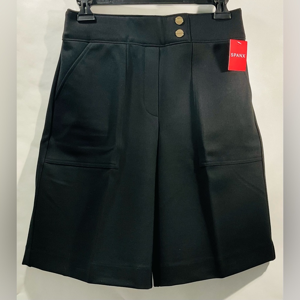 SPANX Black High-Waisted Shorts with Gold Button Accents